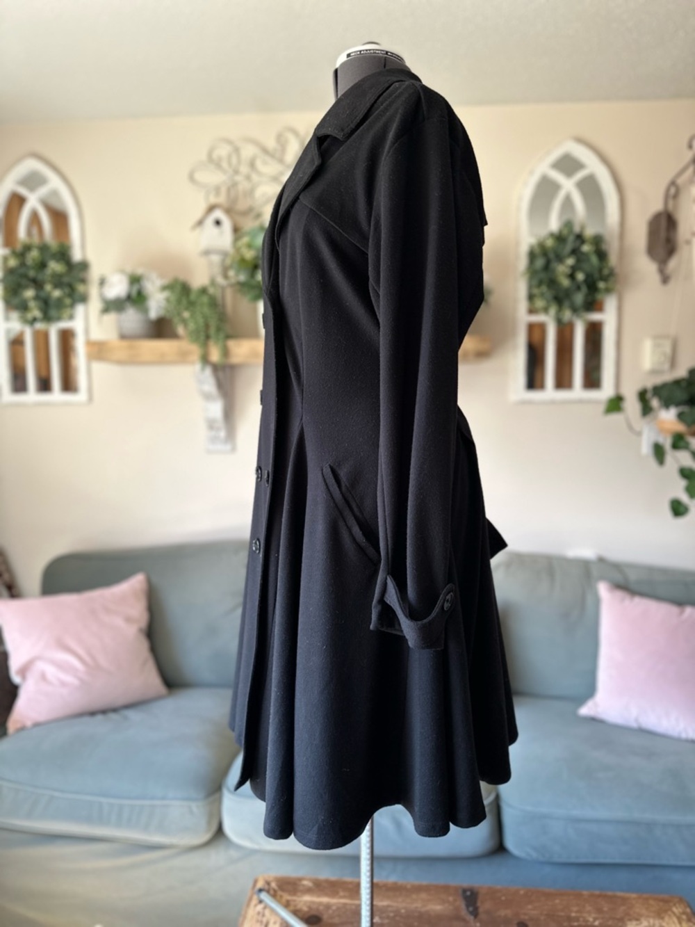 Classic Double-Breasted Black A-Line Coat - Picture 12 of 12